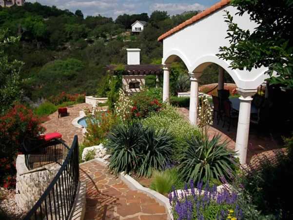 Tiered Hill Country landscape with stone stairs
