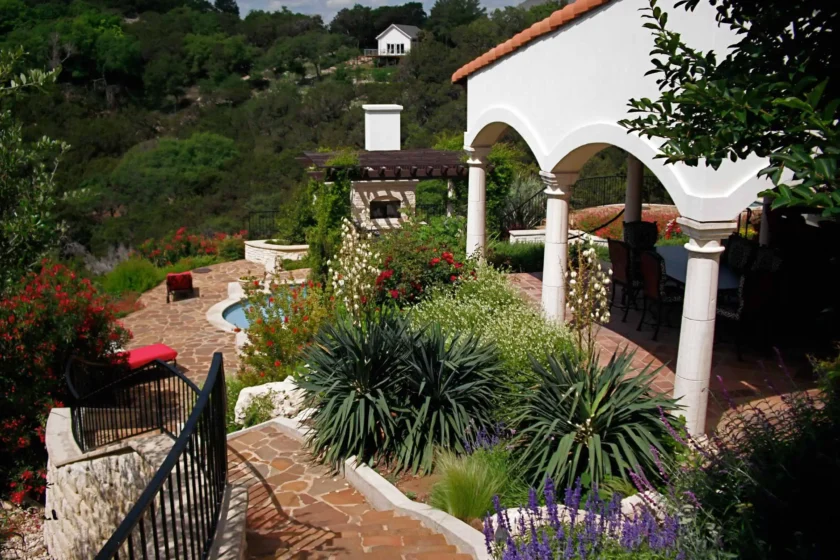 Tiered Hill Country landscape with stone stairs