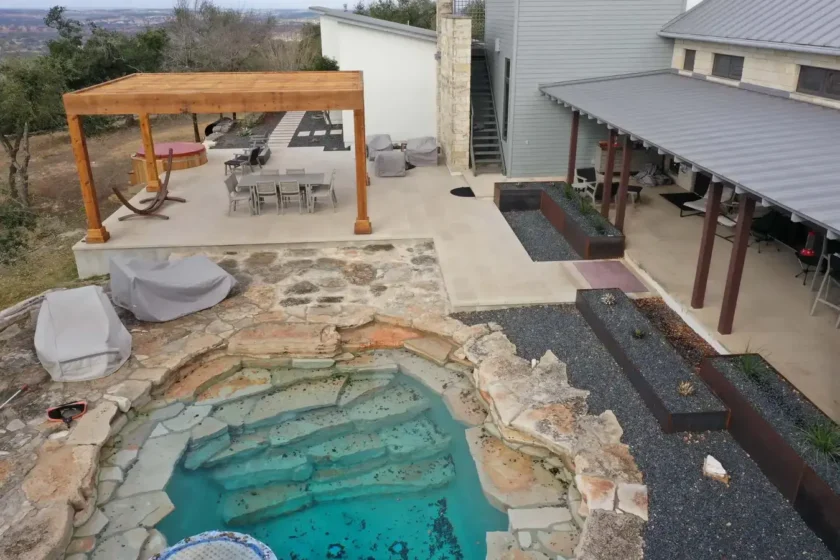 Aerial View of Luxury Pool and Patio Design in Bee Cave